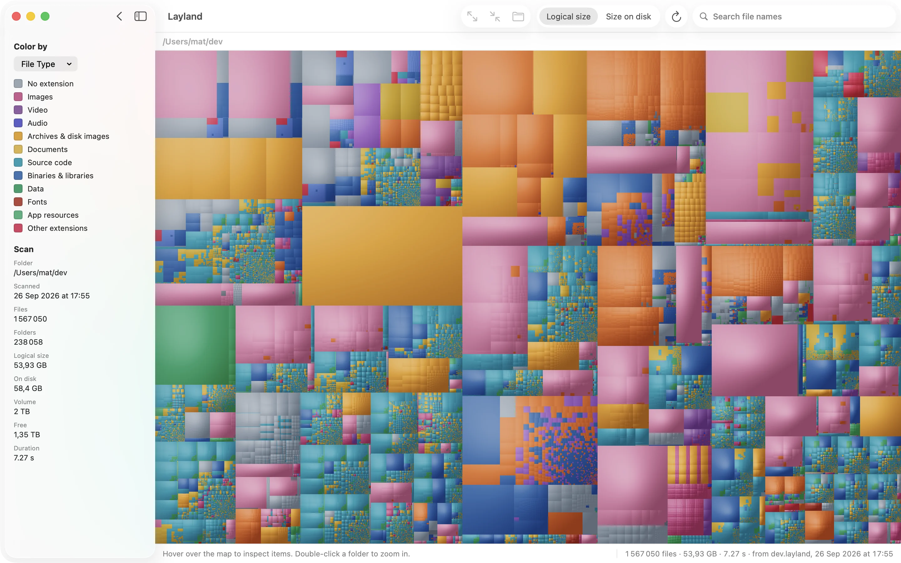 Layland showing a 54 GB dev folder of 1.5 million files as a cushion treemap, colored by file type, with the legend and scan details in the sidebar